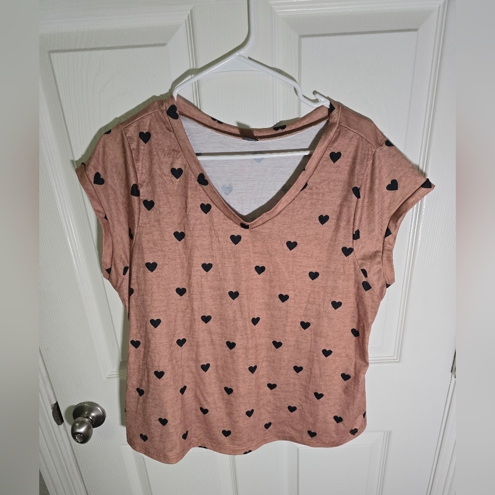 Shein Womens V Neck Brown Heart Cap Short Sleeve Shirt XL